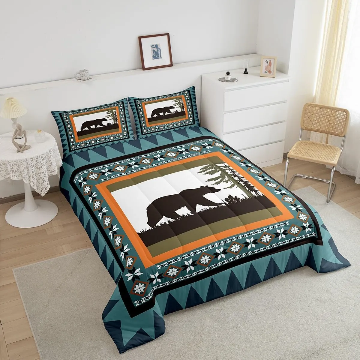 Erosebridal Bear Queen Comforter Set, Rustic Farmhouse Bedding Sets for Kids Boys Teens Adult Women Bedroom Decor, Cabin Country Duvet Insert Tribal Exotic Wildland Animal Down Comforter, Blue