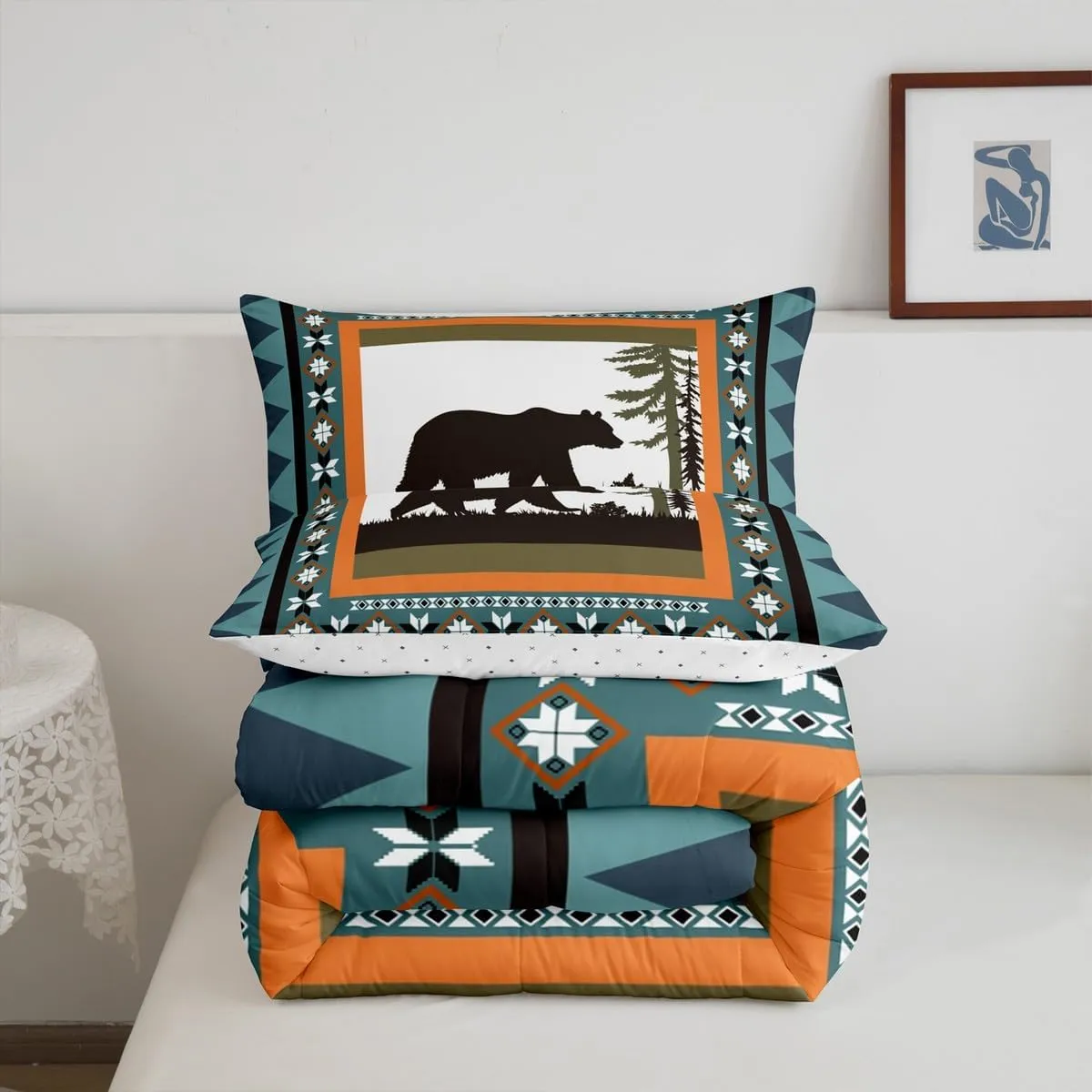Erosebridal Bear Queen Comforter Set, Rustic Farmhouse Bedding Sets for Kids Boys Teens Adult Women Bedroom Decor, Cabin Country Duvet Insert Tribal Exotic Wildland Animal Down Comforter, Blue