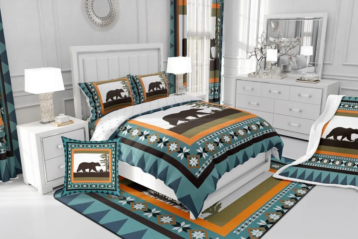 Erosebridal Bear Queen Comforter Set, Rustic Farmhouse Bedding Sets for Kids Boys Teens Adult Women Bedroom Decor, Cabin Country Duvet Insert Tribal Exotic Wildland Animal Down Comforter, Blue