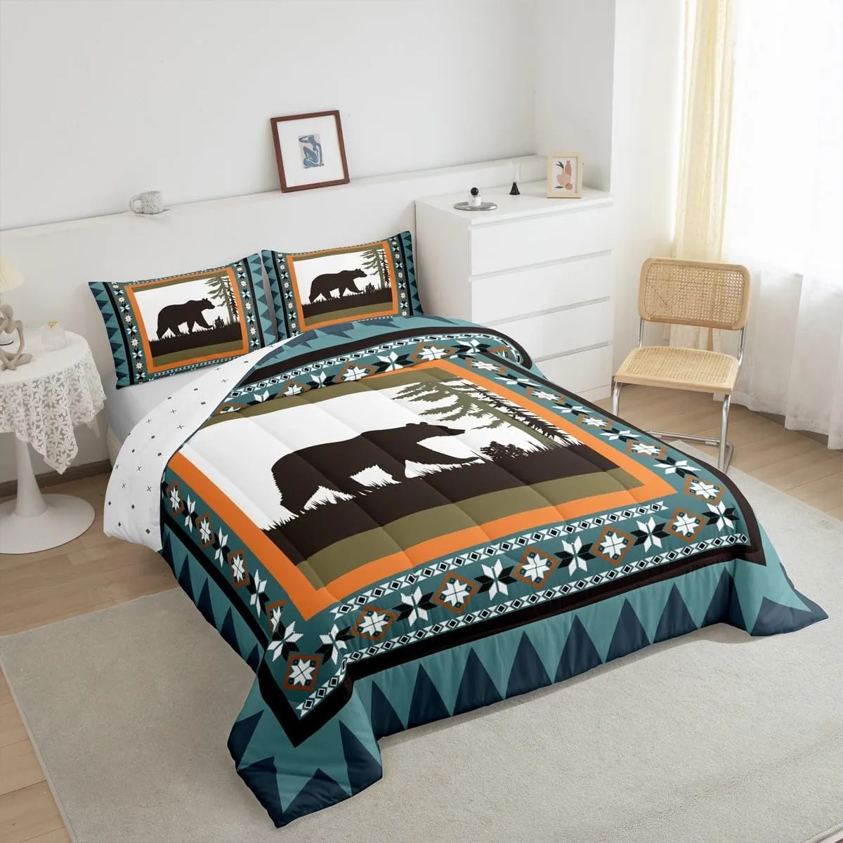 Erosebridal Bear Queen Comforter Set, Rustic Farmhouse Bedding Sets for Kids Boys Teens Adult Women Bedroom Decor, Cabin Country Duvet Insert Tribal Exotic Wildland Animal Down Comforter, Blue