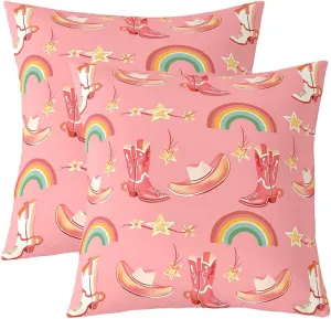 Erosebridal Cowboy Boot Set of 2 Throw Pillow Covers 24x24 Inch Western Farmhouse Cushion Covers Bow Star Print Cowgirls Farmstyle Reversible Colorful Rainbow Cushion Cases