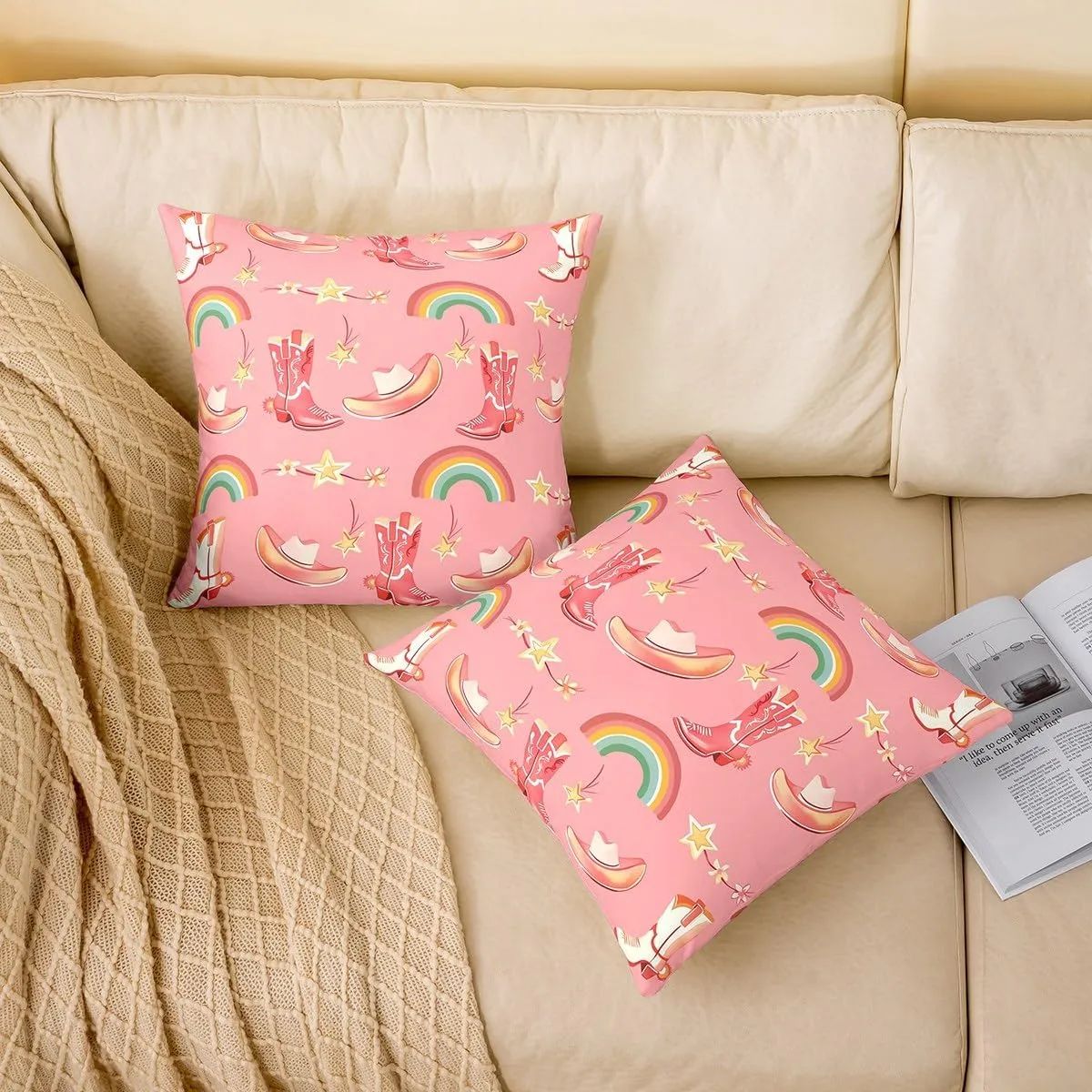 Erosebridal Cowboy Boot Set of 2 Throw Pillow Covers 24x24 Inch Western Farmhouse Cushion Covers Bow Star Print Cowgirls Farmstyle Reversible Colorful Rainbow Cushion Cases