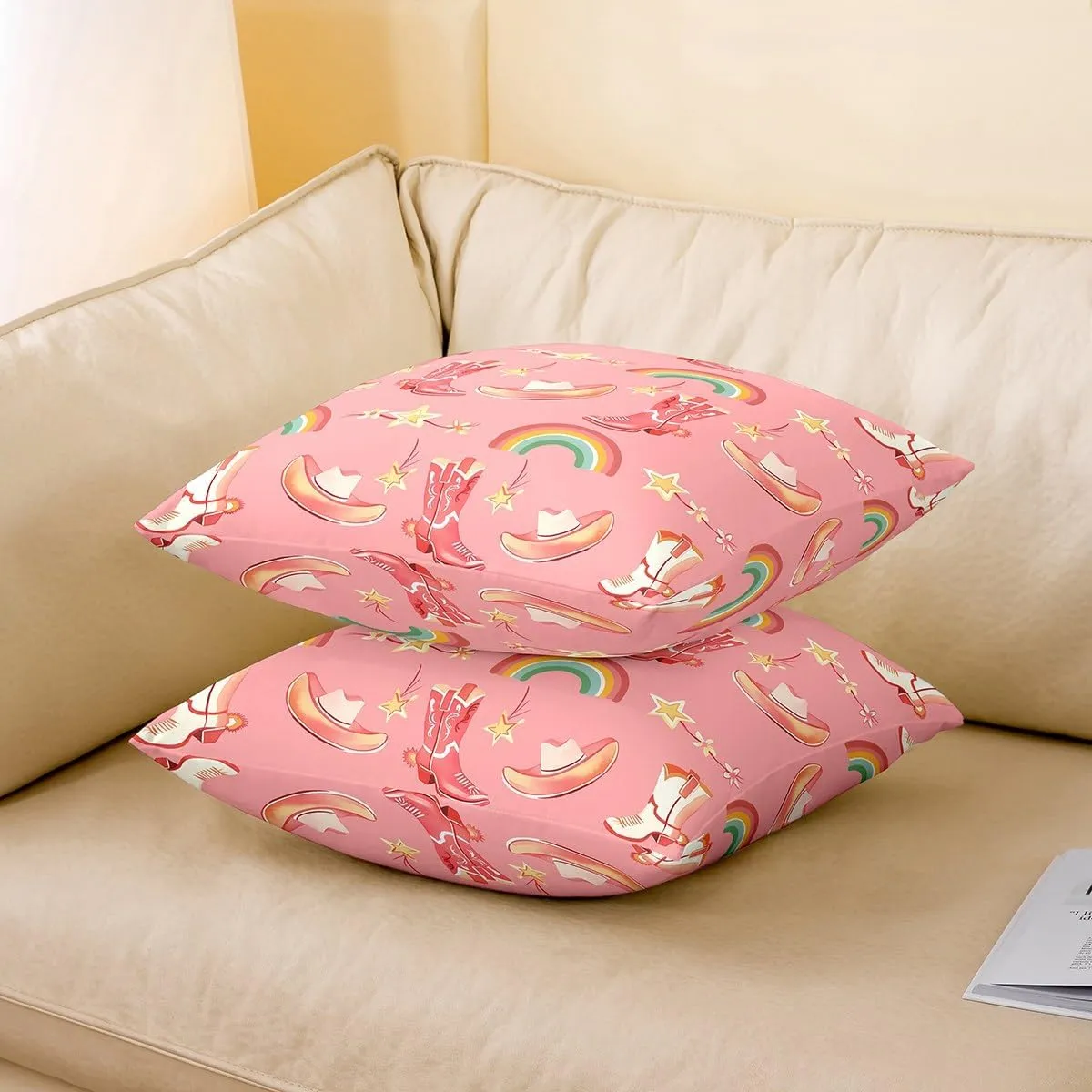 Erosebridal Cowboy Boot Set of 2 Throw Pillow Covers 24x24 Inch Western Farmhouse Cushion Covers Bow Star Print Cowgirls Farmstyle Reversible Colorful Rainbow Cushion Cases