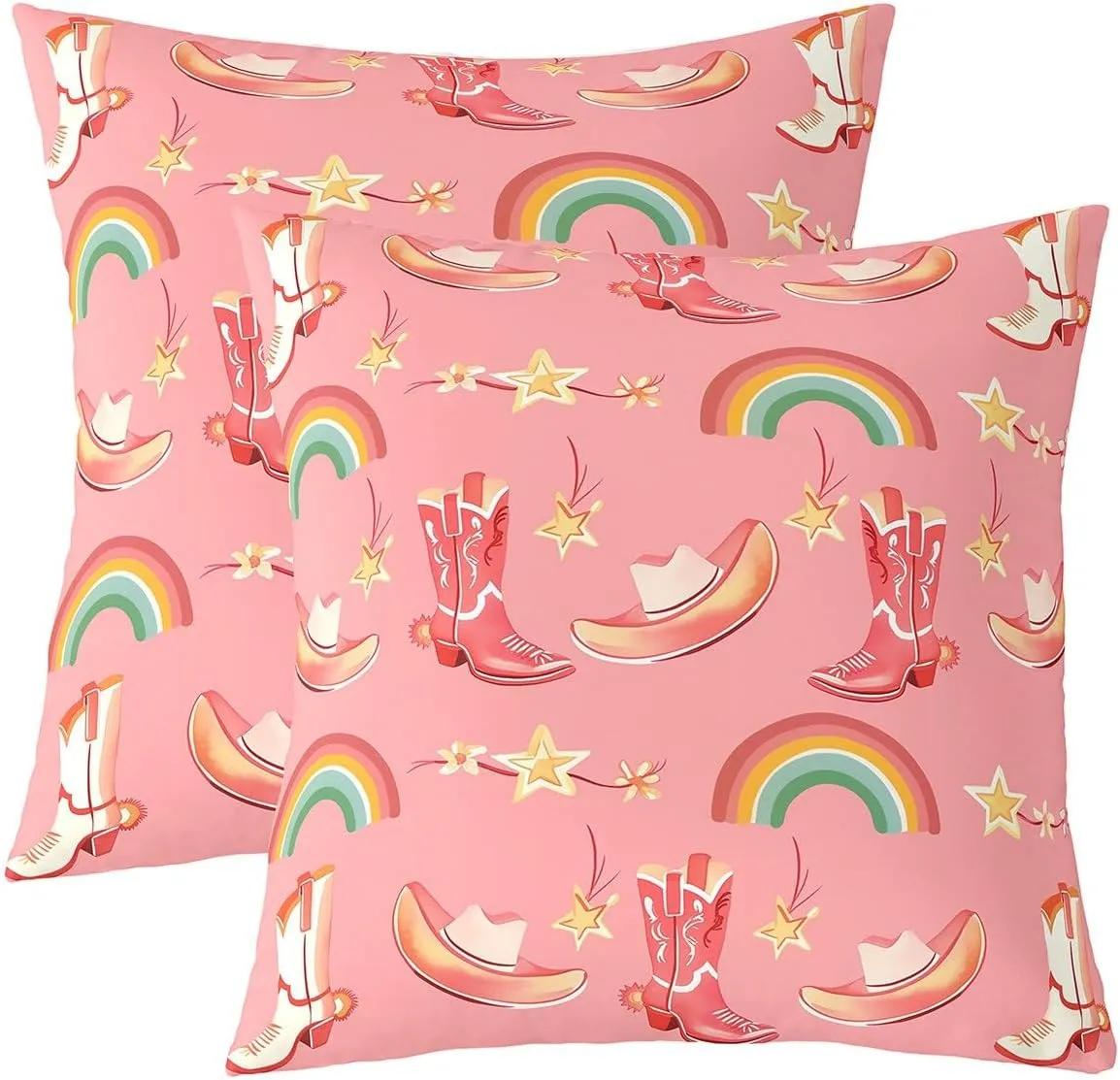 Erosebridal Cowboy Boot Set of 2 Throw Pillow Covers 24x24 Inch Western Farmhouse Cushion Covers Bow Star Print Cowgirls Farmstyle Reversible Colorful Rainbow Cushion Cases