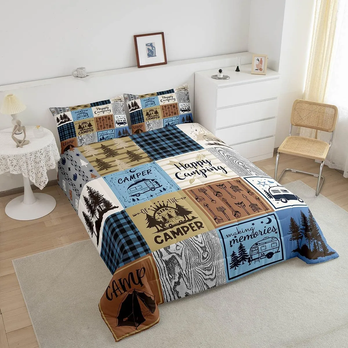 Erosebridal Happy Camping Bedding Set Queen Rv Camper Comforter Set for Travel Trailers Bunks,Patchwork Rustic Buffalo Plaid Pine Trees Camper Car Decor Quilt Rv Accessories for Inside Duvet 3 Pcs