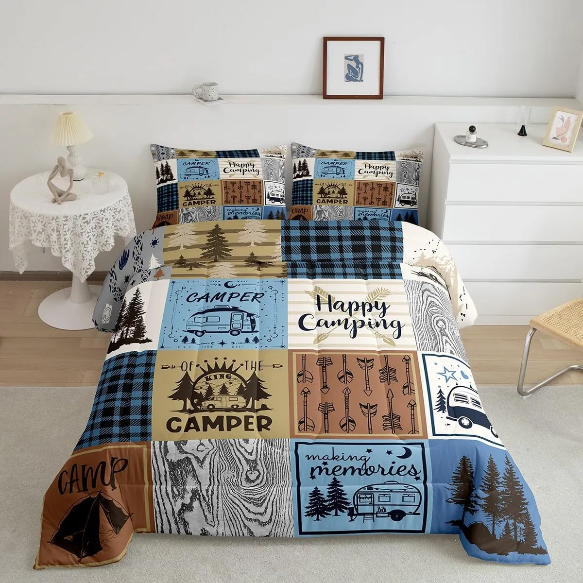 Erosebridal Happy Camping Bedding Set Queen Rv Camper Comforter Set for Travel Trailers Bunks,Patchwork Rustic Buffalo Plaid Pine Trees Camper Car Decor Quilt Rv Accessories for Inside Duvet 3 Pcs
