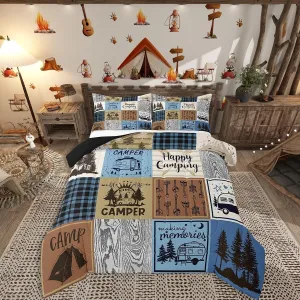 Erosebridal Happy Camping Bedding Set Queen Rv Camper Comforter Set for Travel Trailers Bunks,Patchwork Rustic Buffalo Plaid Pine Trees Camper Car Decor Quilt Rv Accessories for Inside Duvet 3 Pcs