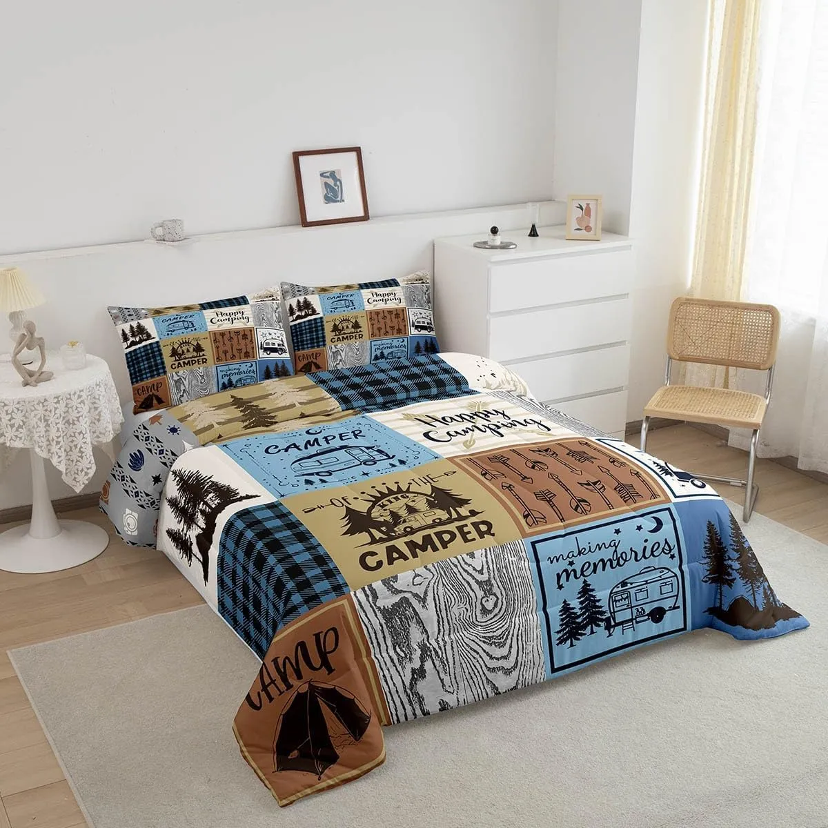 Erosebridal Happy Camping Bedding Set Queen Rv Camper Comforter Set for Travel Trailers Bunks,Patchwork Rustic Buffalo Plaid Pine Trees Camper Car Decor Quilt Rv Accessories for Inside Duvet 3 Pcs