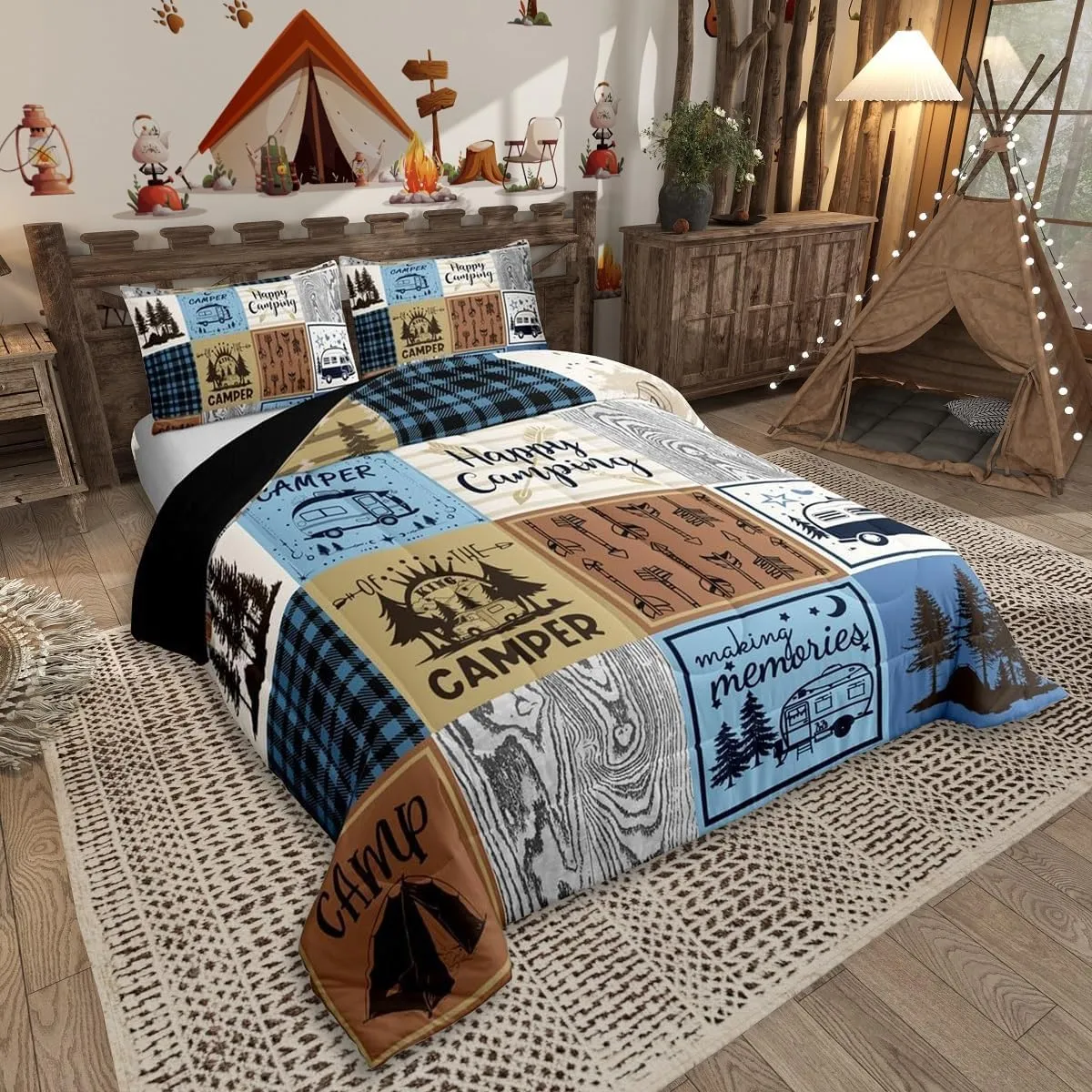 Erosebridal Happy Camping Bedding Set Queen Rv Camper Comforter Set for Travel Trailers Bunks,Patchwork Rustic Buffalo Plaid Pine Trees Camper Car Decor Quilt Rv Accessories for Inside Duvet 3 Pcs