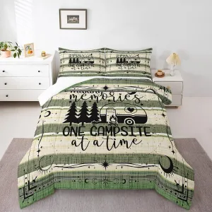 Erosebridal Happy Camping Decor Bedding Set, Rustic Camper Comforter Set Queen Size for Kids Teen Girls Boys Room Decor, Camper Accessories for Travel Trailers Duvet Insert with 2 Pillow Cases