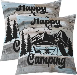 Erosebridal Happy Camping Pillow Covers Rustic Farmhouse Throw Pillow Covers,Camper Black Sketch Drawing Decorative Square Pillow Cases,Retro Old Barn Door Cottage Cushion Cases 22x22 Inch Set of 2