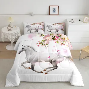 Erosebridal Horse Full Comforter Set for Girls, Boys Galloping Horses Bedding Set for Kids Teens Men Farmhouse Bedroom Decor, Cherry Blossom Bedding Comforter Sets 3D Wild Farm Animal Quilt