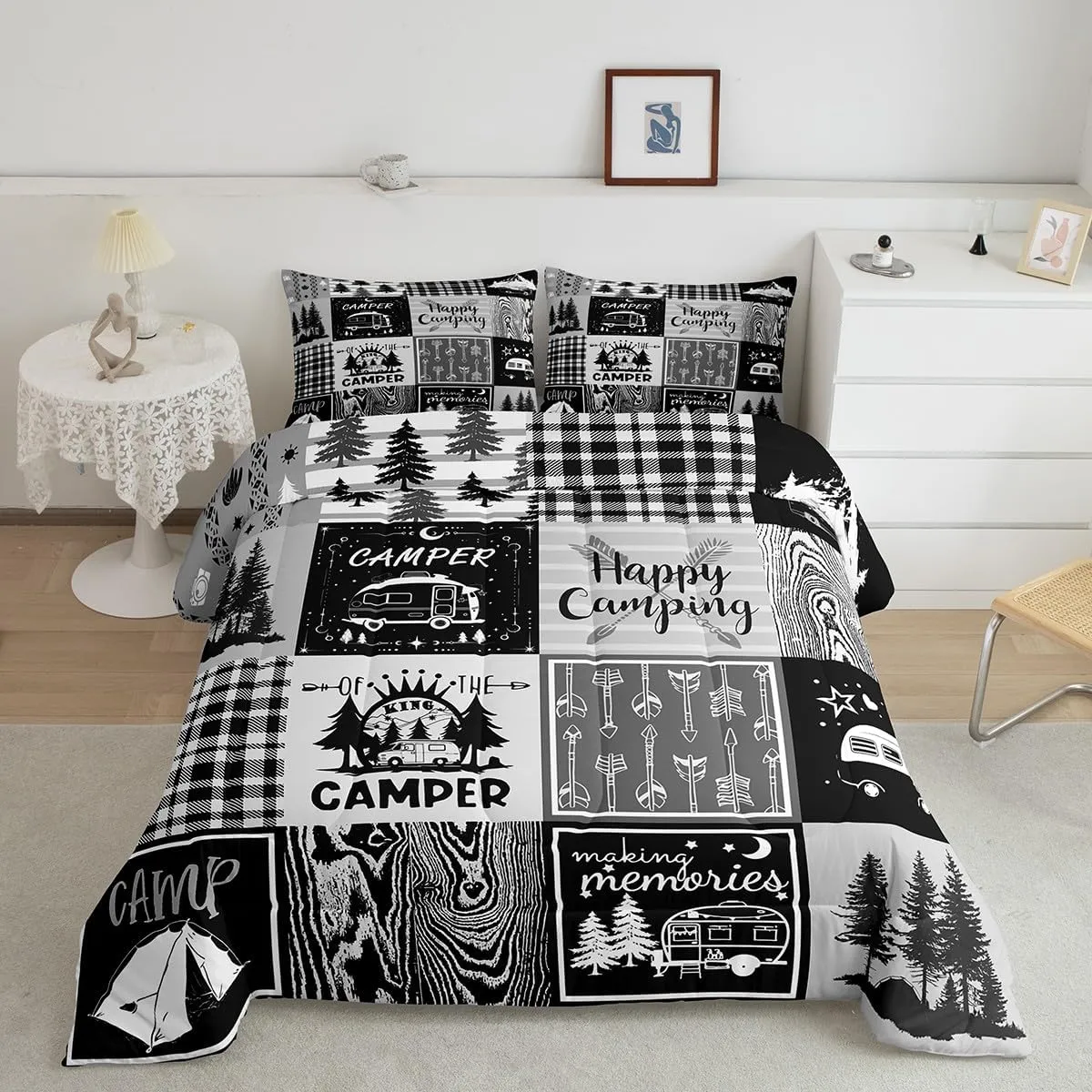 Erosebridal Rv Bedding Sets Plaid Camper Comforter Set Queen Rustic Farmhouse Camping Bunk Bedding Comforter Sets Camper Accessories for Travel Trailers,Woodland Travel Quilt for Kids Boys Men