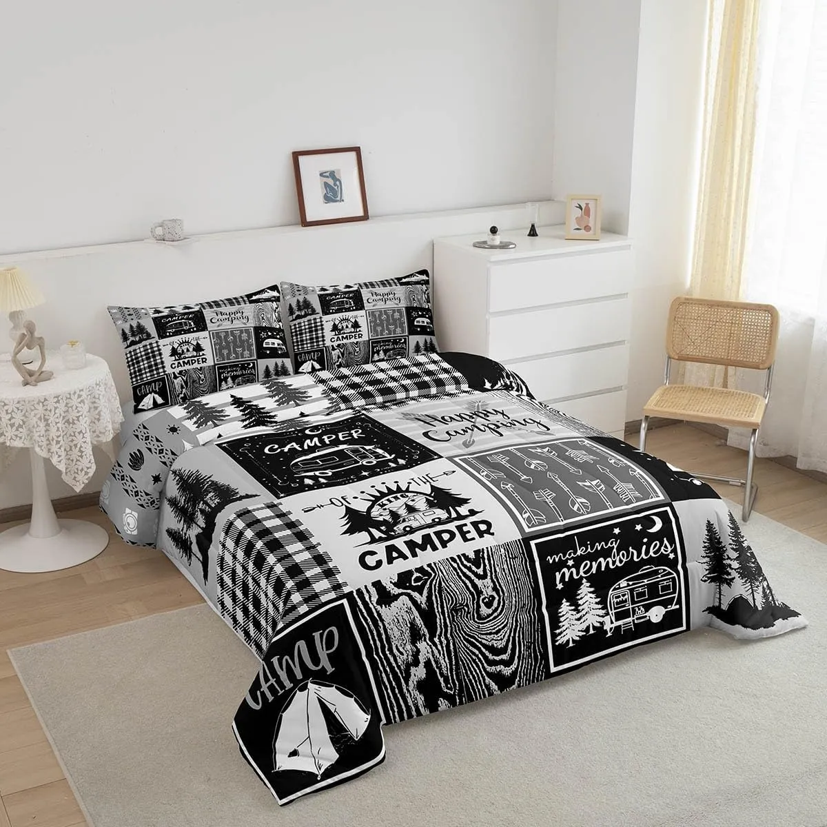 Erosebridal Rv Bedding Sets Plaid Camper Comforter Set Queen Rustic Farmhouse Camping Bunk Bedding Comforter Sets Camper Accessories for Travel Trailers,Woodland Travel Quilt for Kids Boys Men