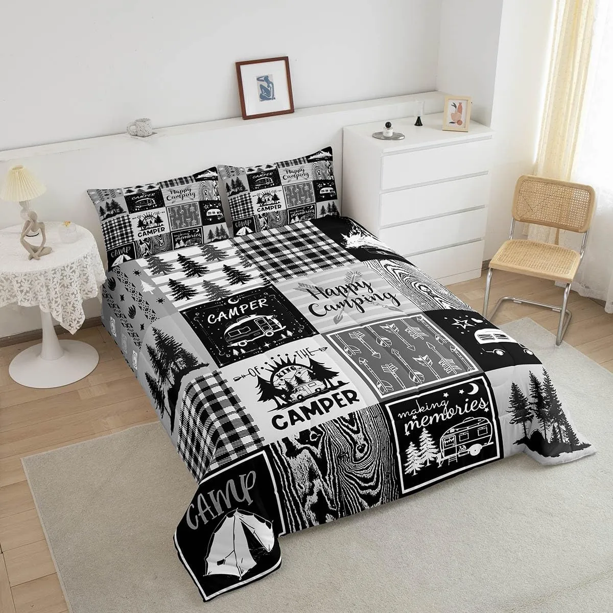 Erosebridal Rv Bedding Sets Plaid Camper Comforter Set Queen Rustic Farmhouse Camping Bunk Bedding Comforter Sets Camper Accessories for Travel Trailers,Woodland Travel Quilt for Kids Boys Men