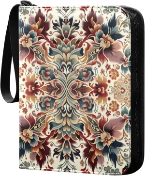 Ethnic Floral Retro Style Card Binder 4 Pocket Trading Card Album Fits 400 Sports/Game Cards, PU Cover 3 Ring Card Collection with 50 Removable Sleeves