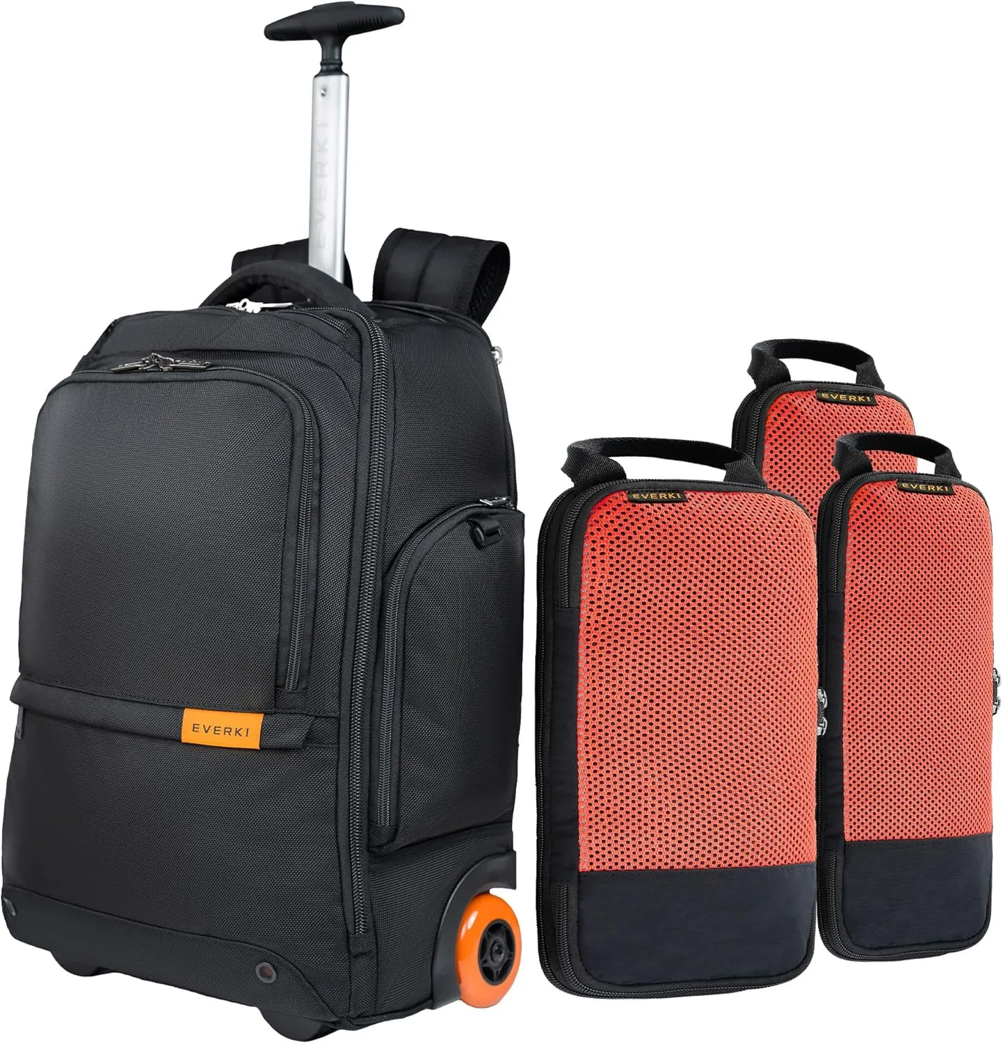 Everki Travel Pro Bundle: Wheeled Laptop Backpack with Replaceable Wheels & 18.2L Compressible Packing Cubes (3-Pack) – Durable, TSA-Friendly Design for Work & Travel – Orange   Black