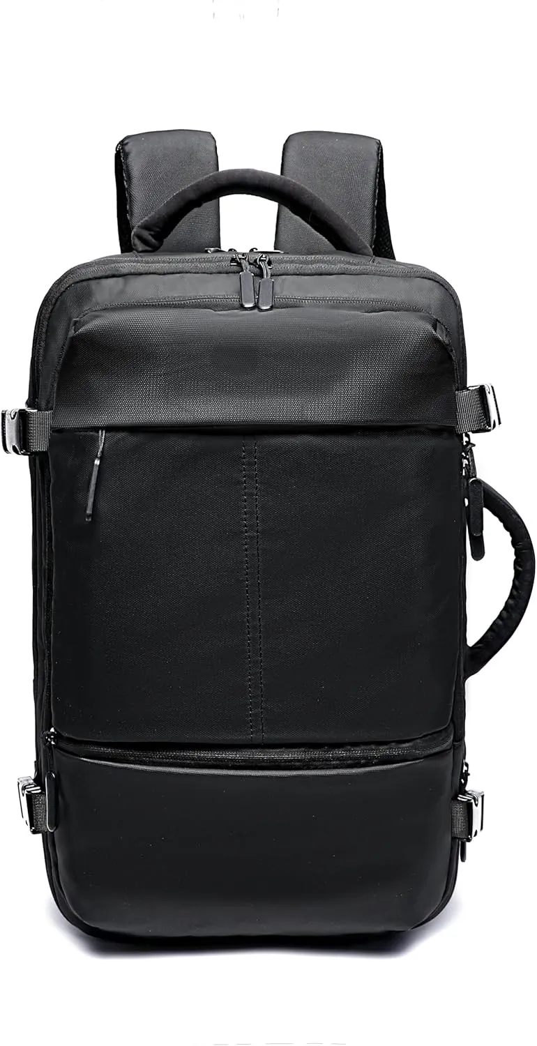 Expandable Multifunctional Large Capacity Travel Backpack for Men & Women - Soft Touch Fabric, Spacious with USB Charging Port (Black)