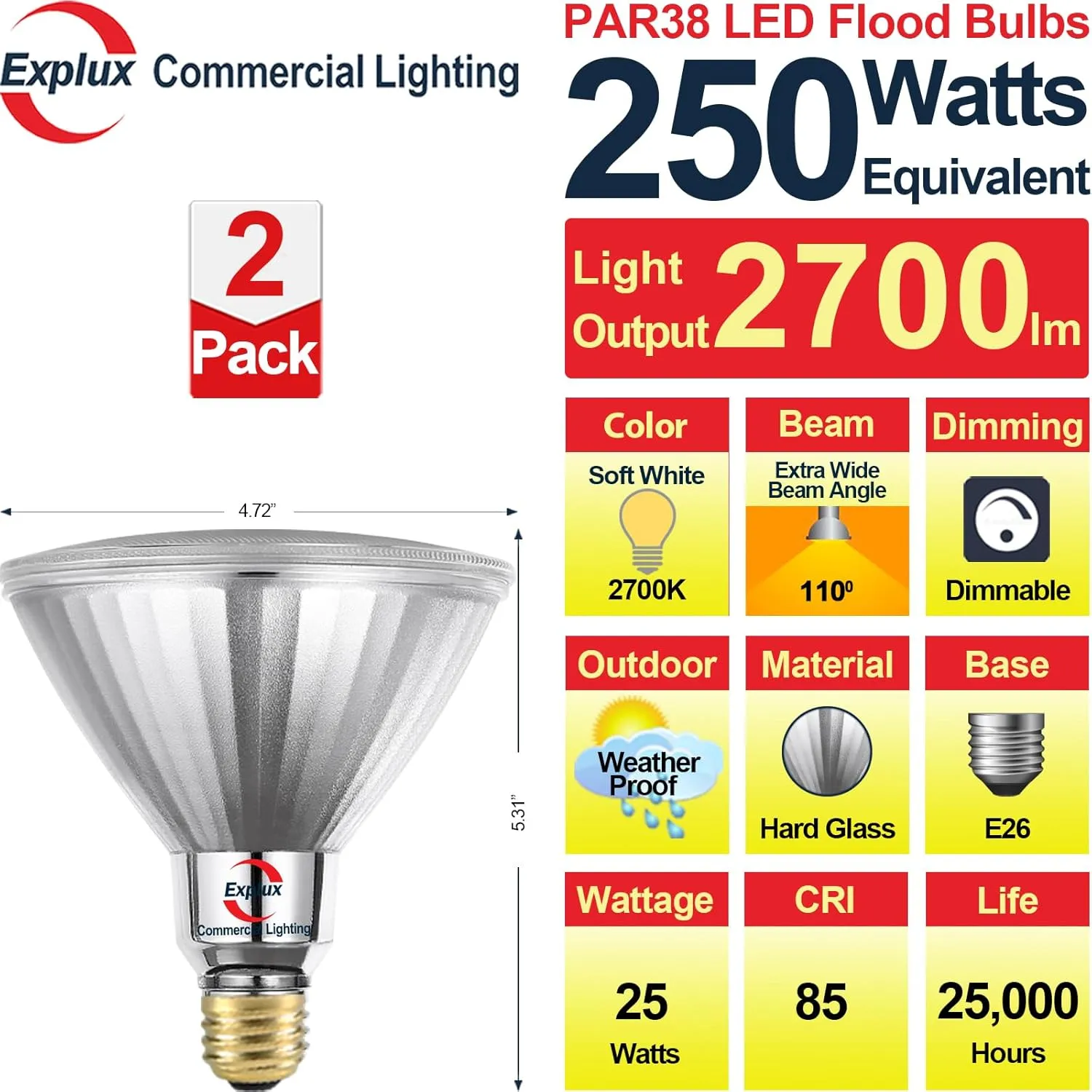 Explux 250 Watt Equivalent PAR38 LED Flood Light Bulbs, Super Bright 2700 Lumens, Dimmable, Full-Glass Outdoor Waterproof & Anti-Ageing, 2700K Soft White Spotlight, 2-Pack