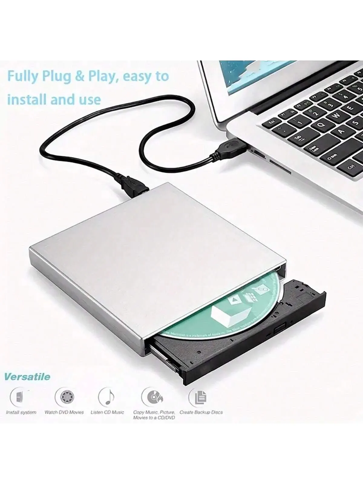 External CD DVD Drive, USB 2.0 Slim Protable External CD-RW Drive DVD-RW Burner Writer Player For Laptop Notebook PC Desktop Computer