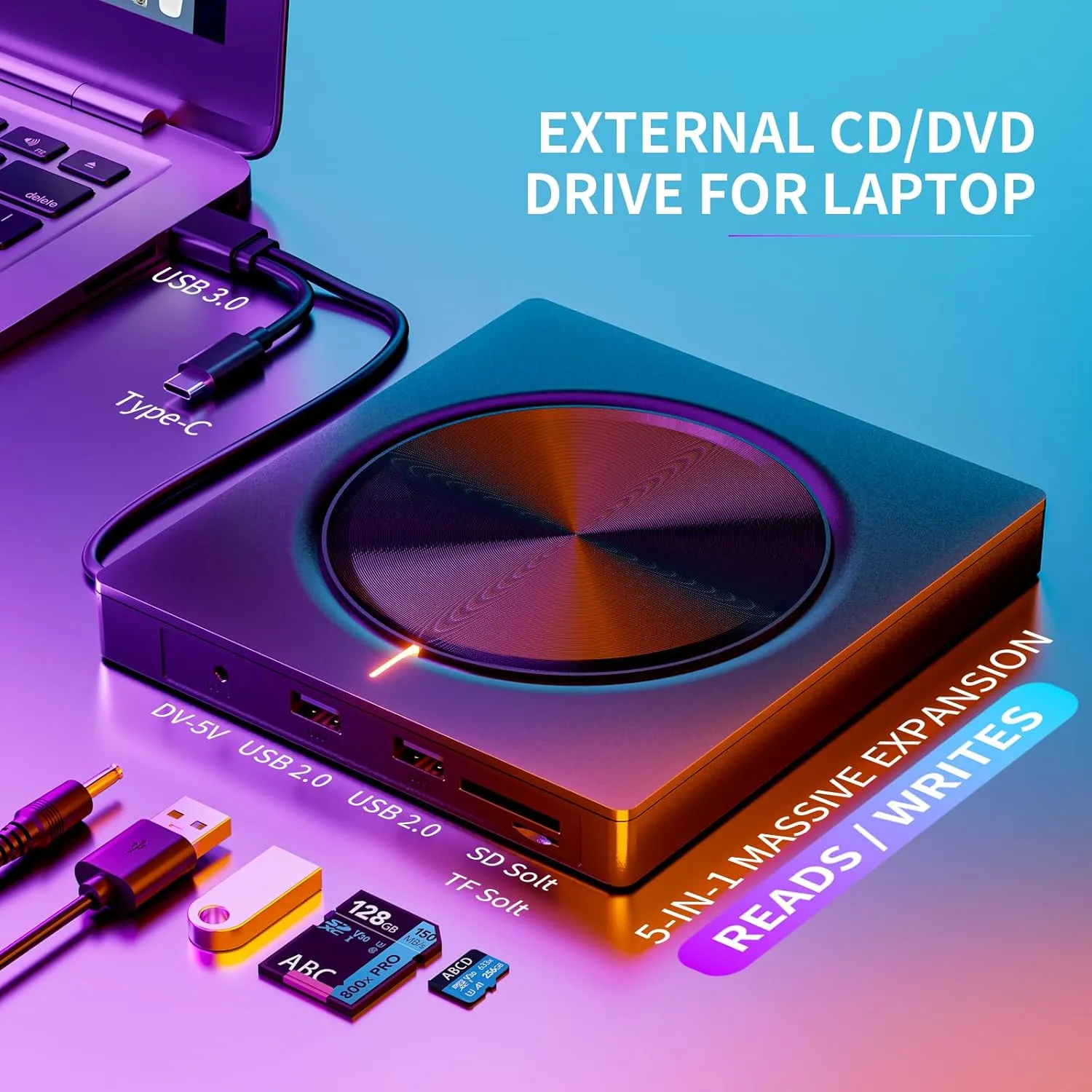 External CD/DVD Drive,DVD Player for Laptop,6 in 1 Portable DVD Reader Writer ROM Drive,USB CD Burner External Disk Drive Compatible with Laptop Desktop Mac,Windows 11/10/8/7 Linux OS