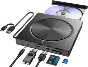 External CD/DVD Drive,DVD Player for Laptop,6 in 1 Portable DVD Reader Writer ROM Drive,USB CD Burner External Disk Drive Compatible with Laptop Desktop Mac,Windows 11/10/8/7 Linux OS