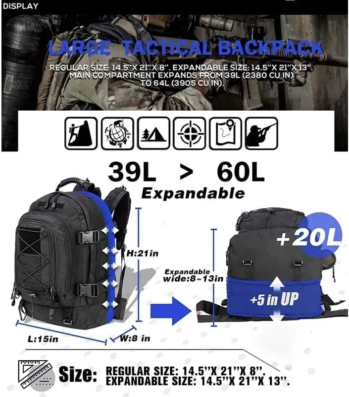 Extra Large 60L Tactical Backpack for Men Women Outdoor Water Resistant Hiking Travel Laptop Bag(T)
