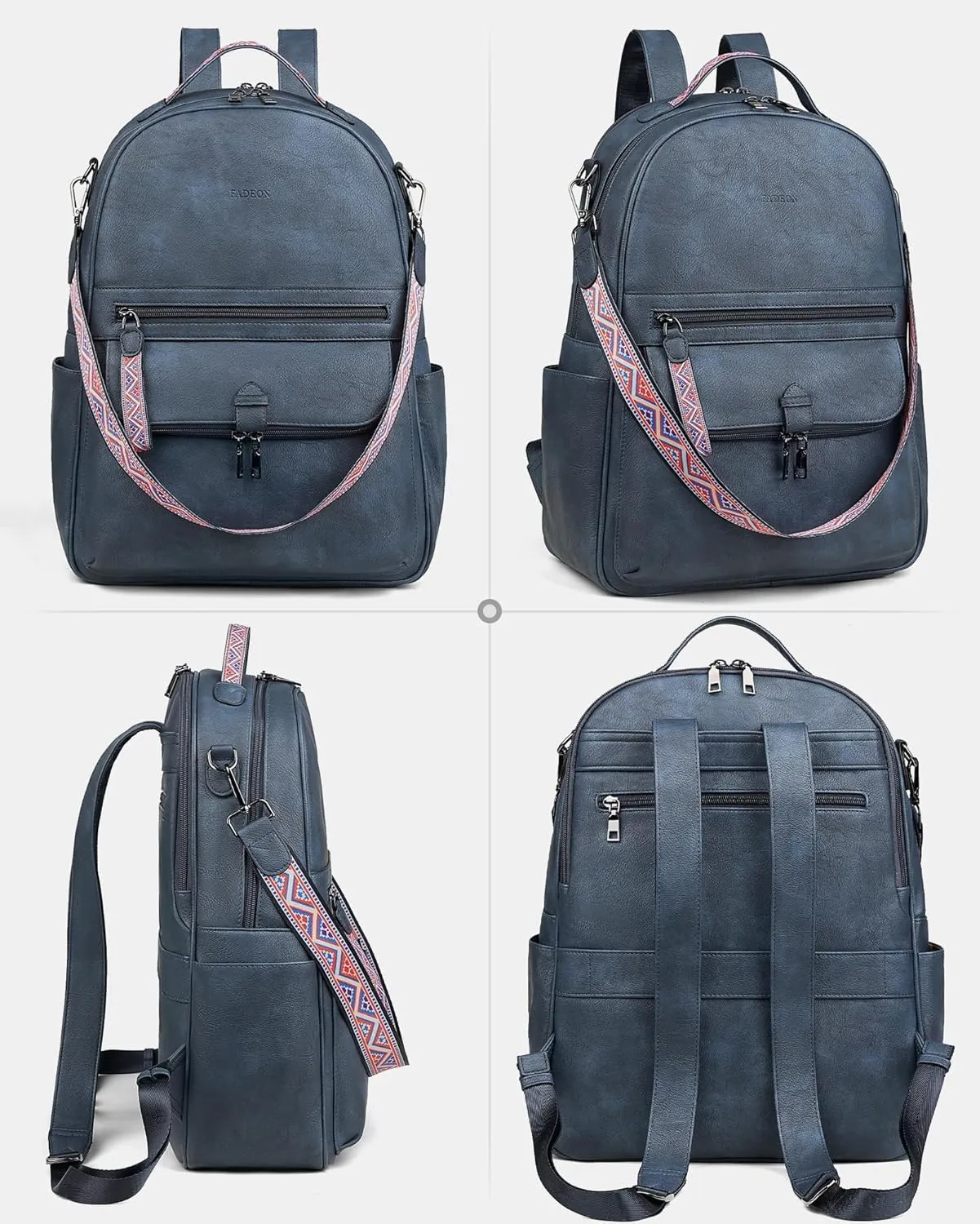 FADEON 15.6 inch Leather Laptop Backpack Purse for Women, Designer Travel PU Backpack with Laptop Compartment for Work Blue