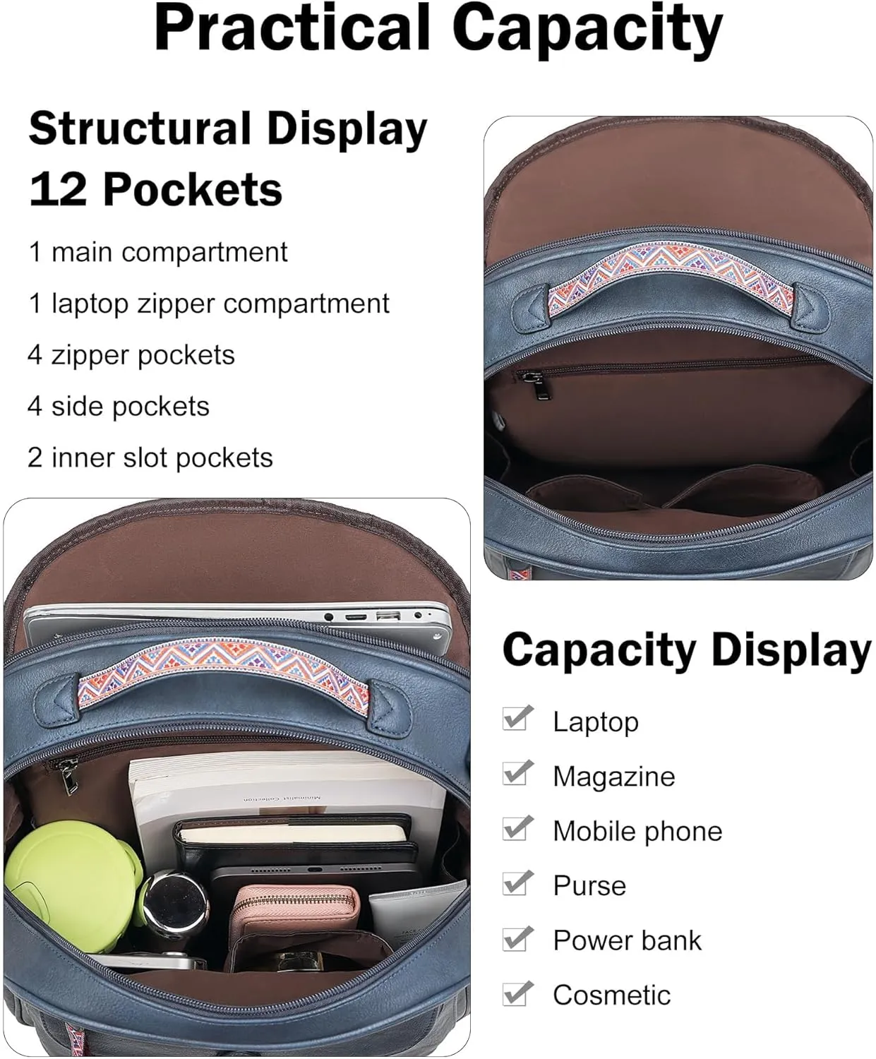 FADEON 15.6 inch Leather Laptop Backpack Purse for Women, Designer Travel PU Backpack with Laptop Compartment for Work Blue