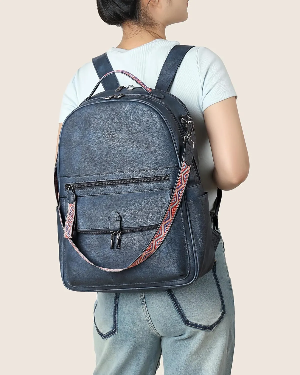 FADEON 15.6 inch Leather Laptop Backpack Purse for Women, Designer Travel PU Backpack with Laptop Compartment for Work Blue