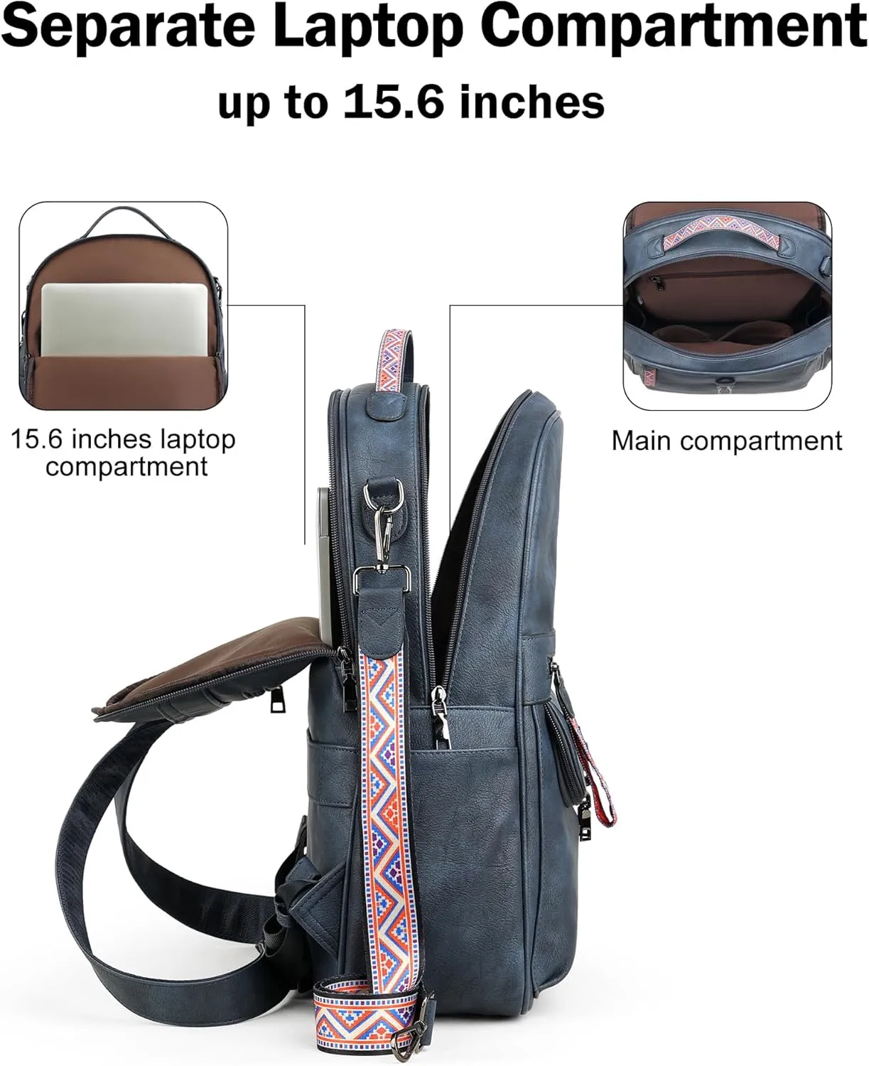 FADEON 15.6 inch Leather Laptop Backpack Purse for Women, Designer Travel PU Backpack with Laptop Compartment for Work Blue
