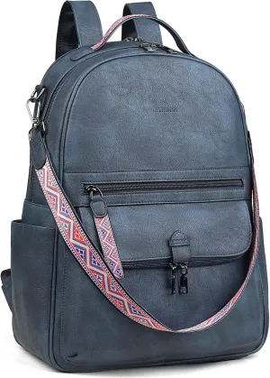 FADEON 15.6 inch Leather Laptop Backpack Purse for Women, Designer Travel PU Backpack with Laptop Compartment for Work Blue