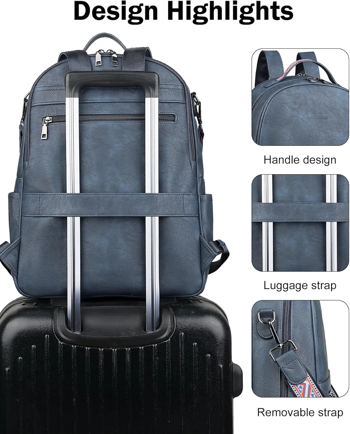 FADEON 15.6 inch Leather Laptop Backpack Purse for Women, Designer Travel PU Backpack with Laptop Compartment for Work Blue