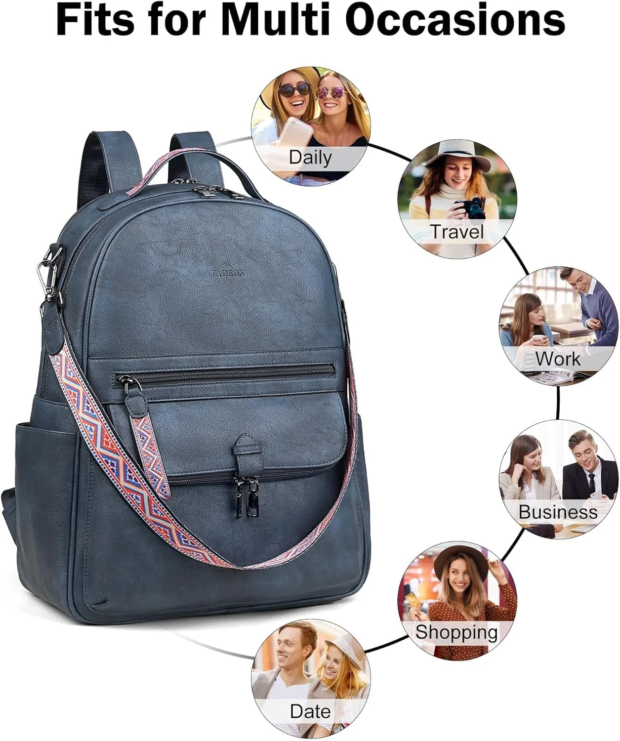 FADEON 15.6 inch Leather Laptop Backpack Purse for Women, Designer Travel PU Backpack with Laptop Compartment for Work Blue
