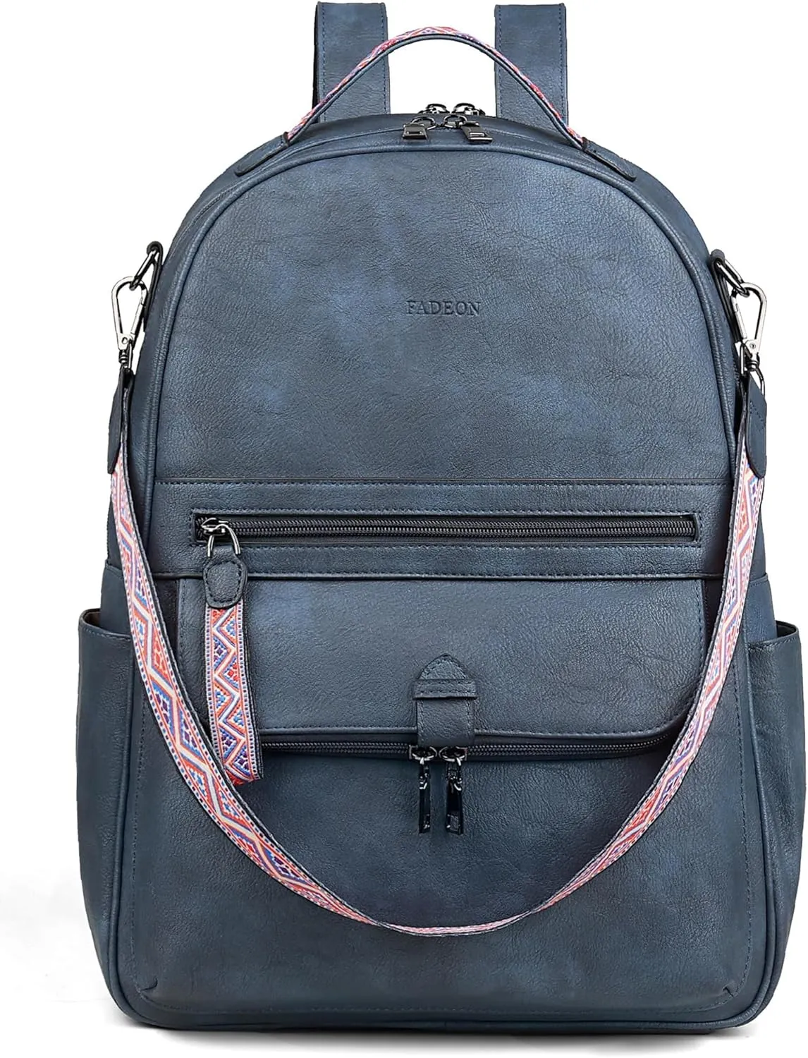 FADEON 15.6 inch Leather Laptop Backpack Purse for Women, Designer Travel PU Backpack with Laptop Compartment for Work Blue