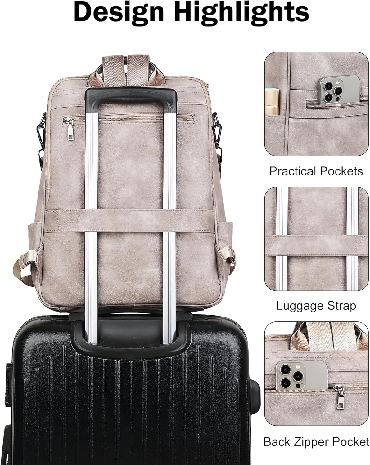 FADEON Laptop Backpack for Women Leather Travel Backpack with Laptop Compartment, Designer PU Shoulder Laptop Bag Grey