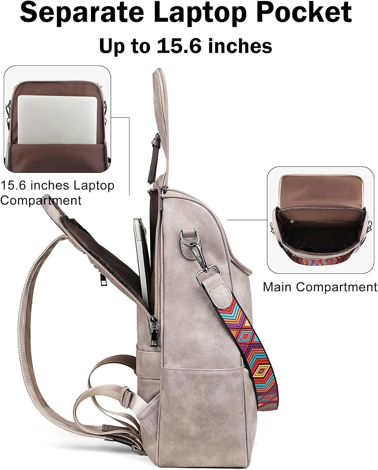FADEON Laptop Backpack for Women Leather Travel Backpack with Laptop Compartment, Designer PU Shoulder Laptop Bag Grey