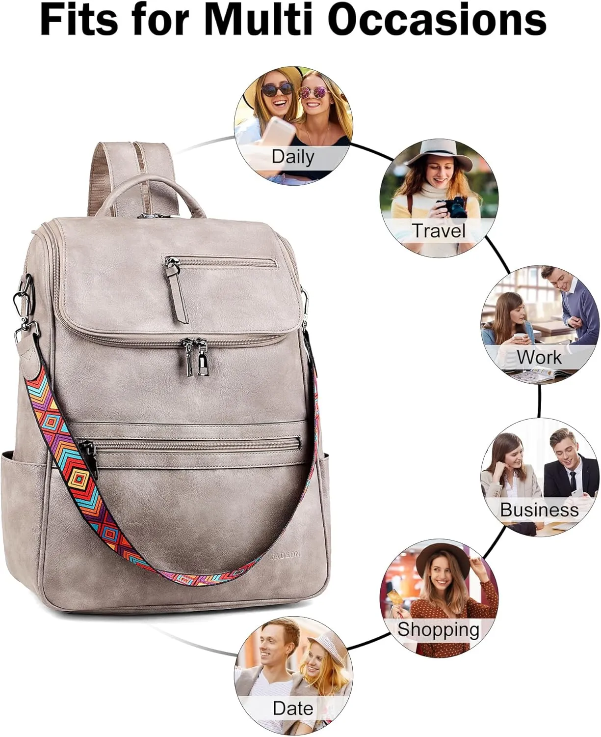 FADEON Laptop Backpack for Women Leather Travel Backpack with Laptop Compartment, Designer PU Shoulder Laptop Bag Grey