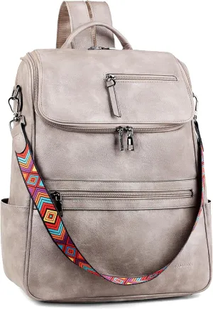 FADEON Laptop Backpack for Women Leather Travel Backpack with Laptop Compartment, Designer PU Shoulder Laptop Bag Grey