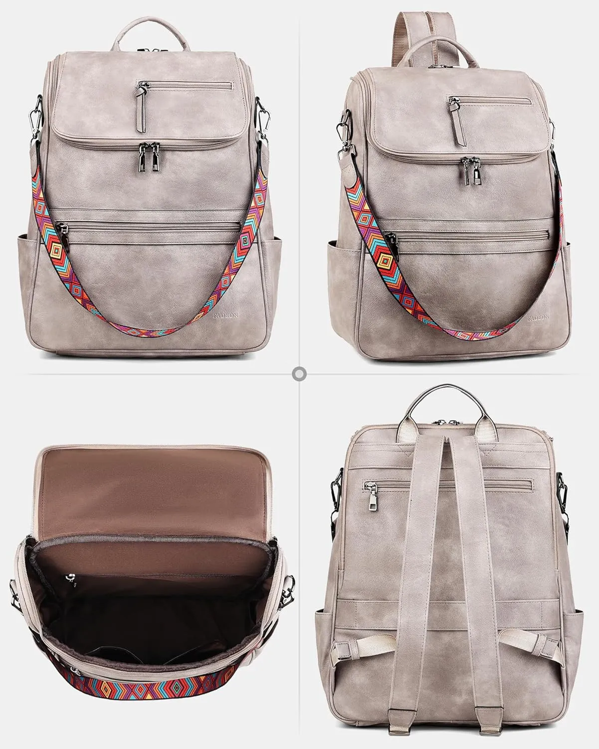 FADEON Laptop Backpack for Women Leather Travel Backpack with Laptop Compartment, Designer PU Shoulder Laptop Bag Grey