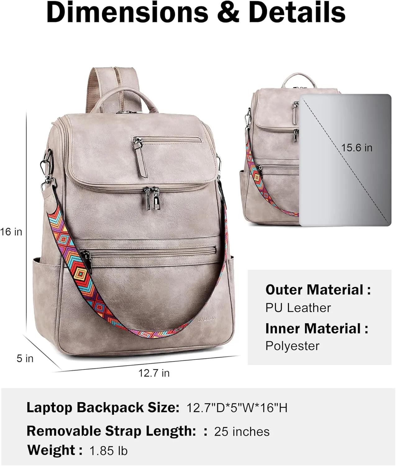 FADEON Laptop Backpack for Women Leather Travel Backpack with Laptop Compartment, Designer PU Shoulder Laptop Bag Grey
