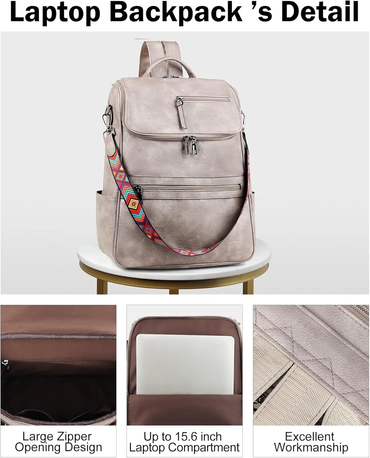 FADEON Laptop Backpack for Women Leather Travel Backpack with Laptop Compartment, Designer PU Shoulder Laptop Bag Grey