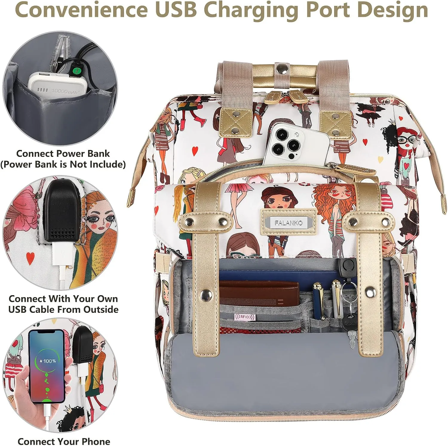 FALANKO Laptop Backpack for Women,Teacher Doctor Nurse Work Purse Bag for 15.6 Inch Laptop, Wide Open Computer Bookbag, Large backpack for women with USB Charging Port RFID Anti Theft Pocket