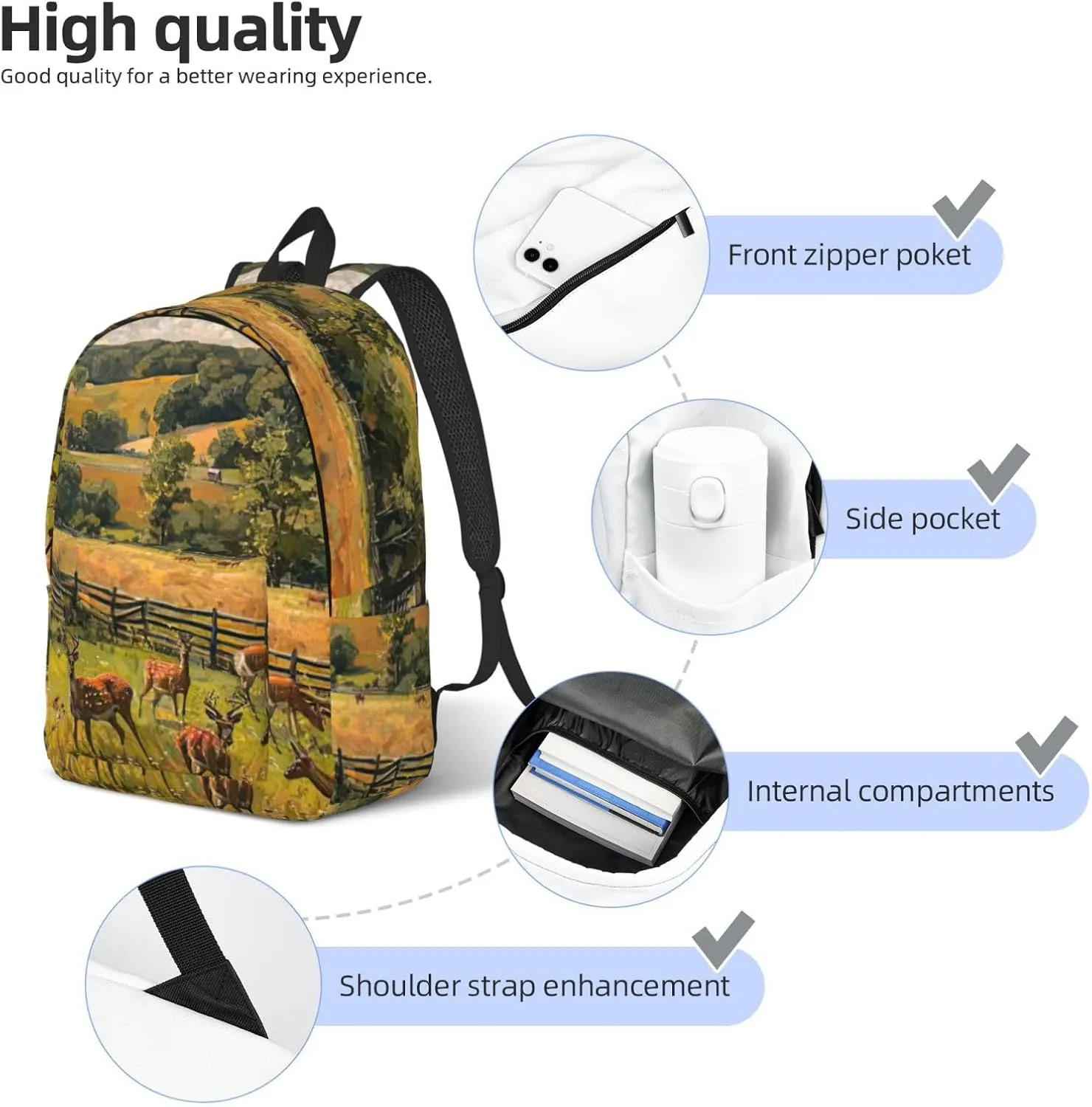 Farm with deer print Duffel Bag, Lightweight Duffel Bag, Casual Backpack, 17.7 x 6.3 x 12.2 inches