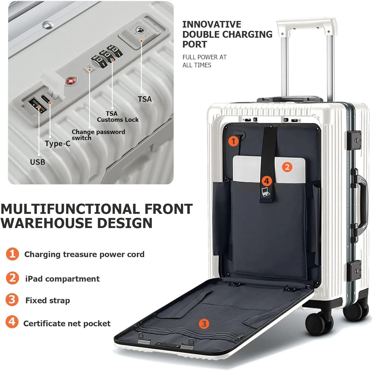 feilario 20in Aluminium Frame Hardside Expandable Spinner Wheel Luggage, Built-In TSA lock Carry on Suitcase, with Cup Holder & Phone Holder