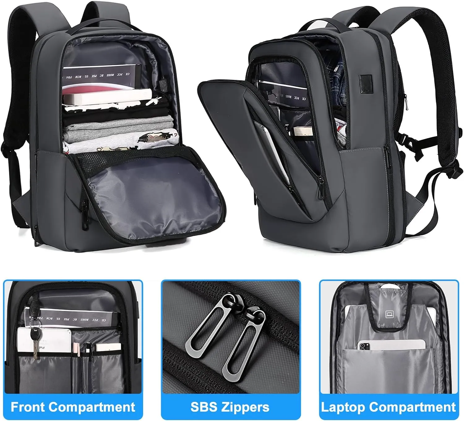 FENRUIEN Business Travel Backpack, Expandable Computer Backpack with USB Port, Gray Laptop Backpack 15.6 Inch for College/Work