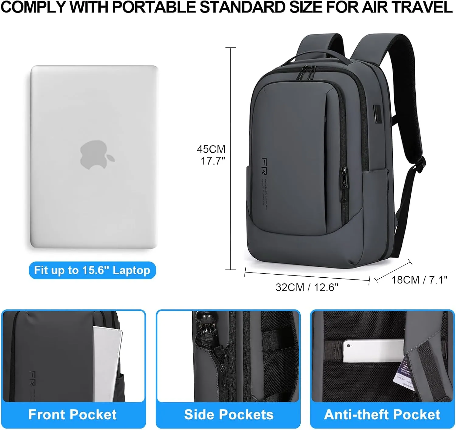 FENRUIEN Business Travel Backpack, Expandable Computer Backpack with USB Port, Gray Laptop Backpack 15.6 Inch for College/Work