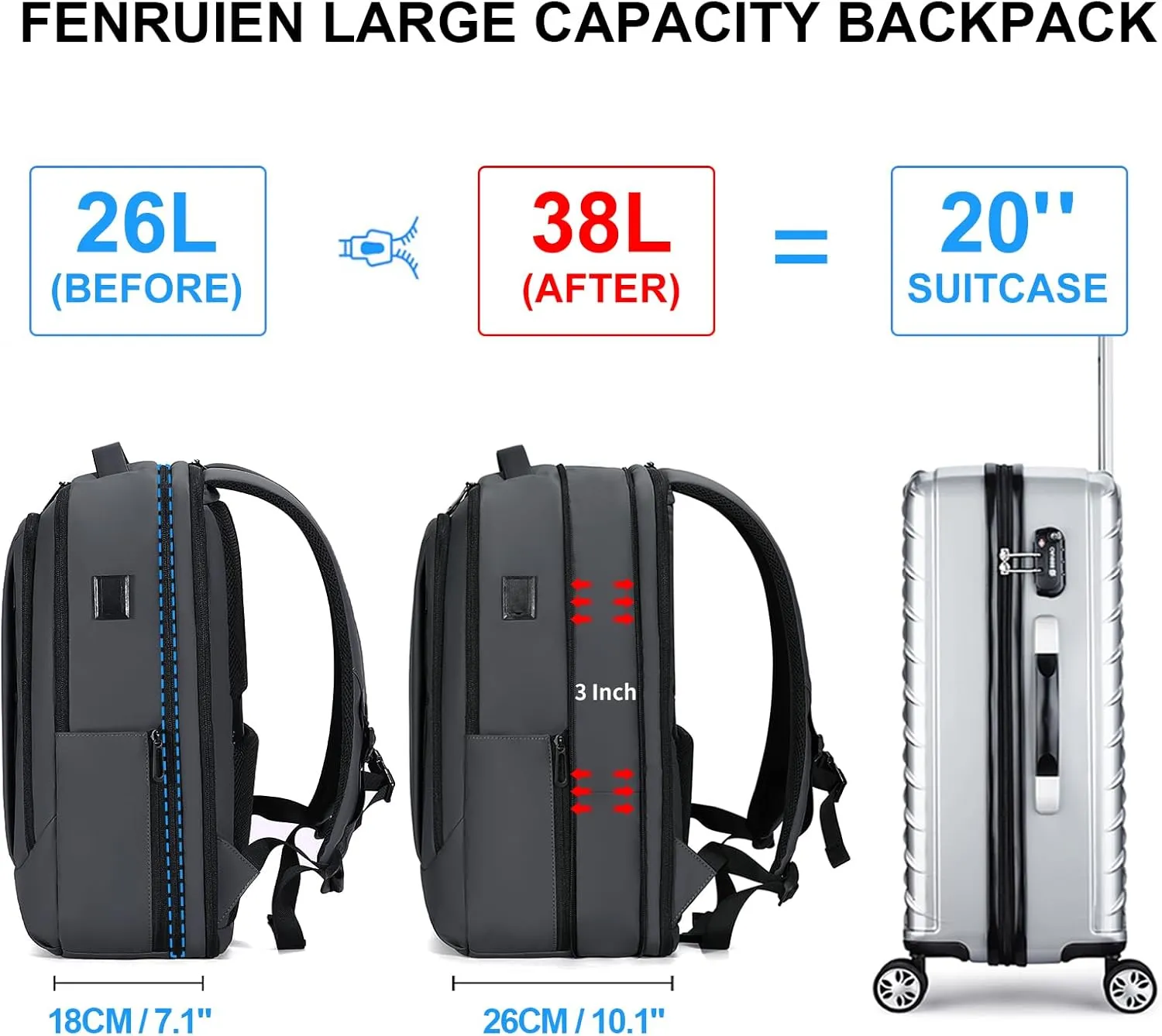 FENRUIEN Business Travel Backpack, Expandable Computer Backpack with USB Port, Gray Laptop Backpack 15.6 Inch for College/Work