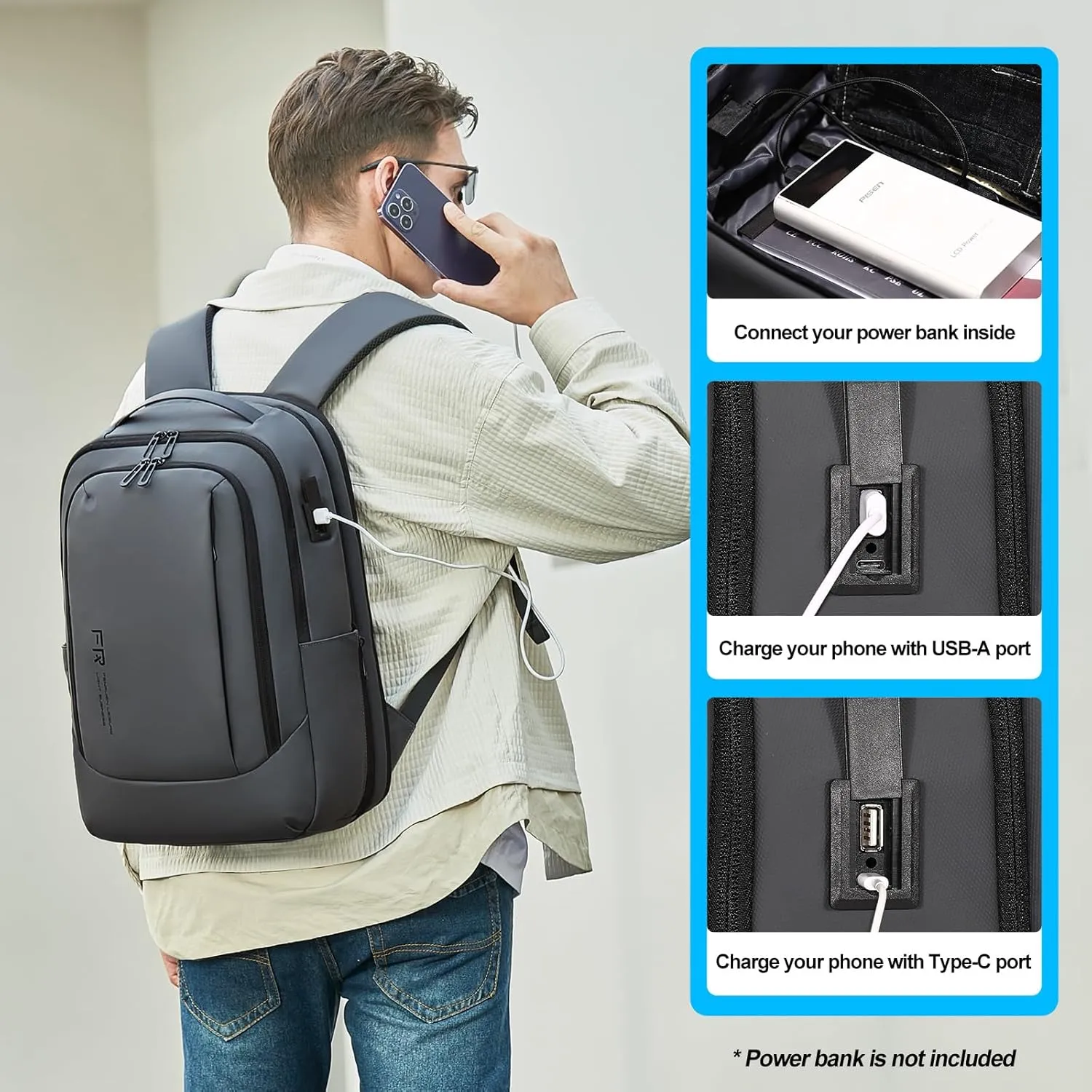 FENRUIEN Business Travel Backpack, Expandable Computer Backpack with USB Port, Gray Laptop Backpack 15.6 Inch for College/Work