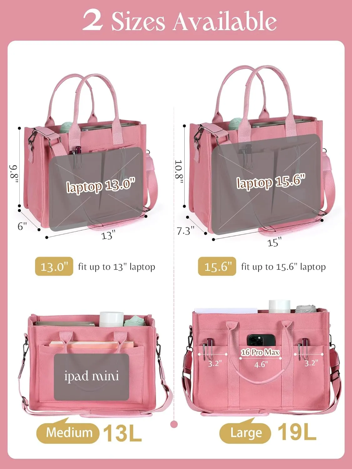 FIORETTO Canvas Tote Bag for Women with Zipper Closure & Individual Compartments for Work College for Teacher & Nurse